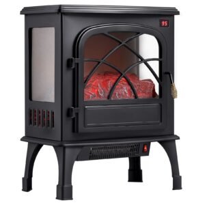 25.5inch freestanding fireplaces, 1500w 5120btu portable electric fireplace stove heater, with overheating protection,adjustable flames,timer, remote,for living room,bedroom,black