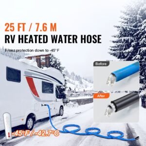 25ft heated water hose for rv, heated drinking water hose with corrugated cover antifreeze to 45 fahrenheit , automatic self regulating, 5/8" i.d. with 3/4" ght adapter, lead and bpa free