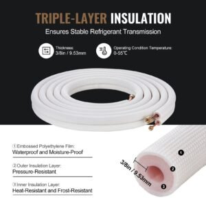25ft mini split line set, 1/4" & 1/2" o.d copper pipes tubing and triple layer insulation, for air conditioning or heating pump equipment & hvac with rich accessories (27ft connection cable)