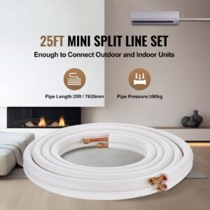 25ft mini split line set, 1/4" & 1/2" o.d copper pipes tubing and triple layer insulation, for mini split air conditioning refrigerant or heating pump equipment & hvac with wrapping strips.
