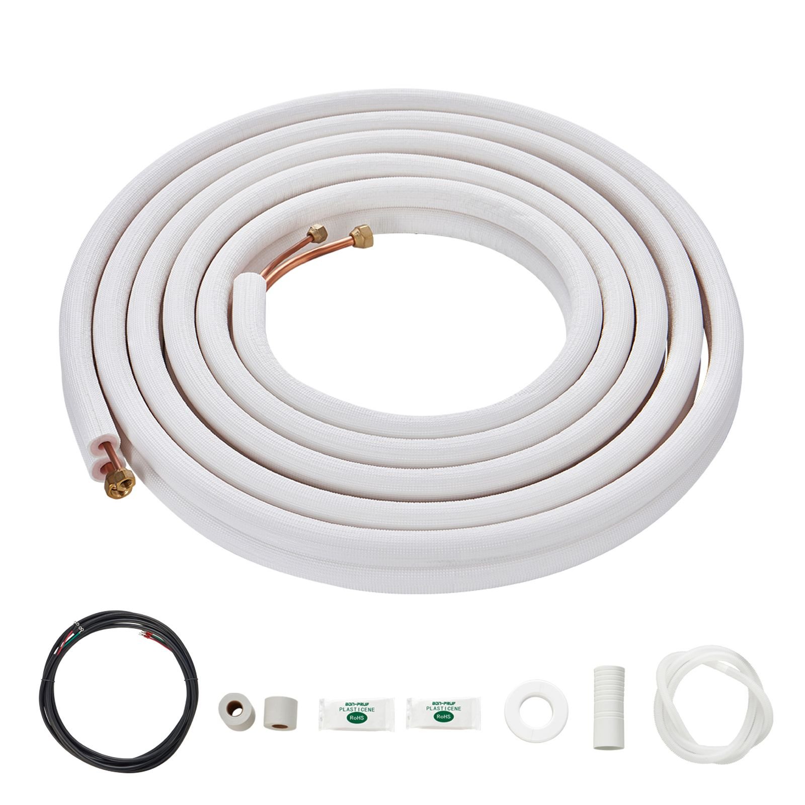 25ft mini split line set, 1/4" & 3/8" o.d copper pipes tubing and triple layer insulation, for air conditioning or heating pump equipment & hvac with rich accessories (27ft connection cable)