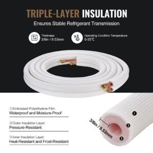 25ft mini split line set, 1/4" & 3/8" o.d copper pipes tubing and triple layer insulation, for mini split air conditioning refrigerant or heating pump equipment & hvac with wrapping strips.
