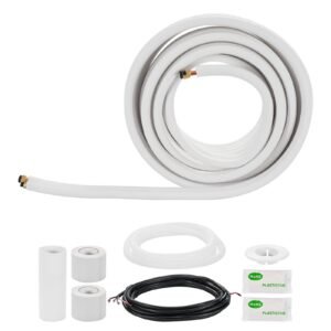 25ft Mini Split Line Set, 3/8' & 5/8' OD AC Copper Tubing Pipe, 3/8 White PE Thickened Insulated Coil with Flared Nuts, Rich Fittings, for Mini Split Air Conditioner HVAC or Heat Pump System