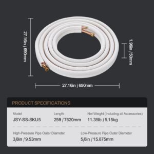 25ft mini split line set, 3/8" & 5/8" o.d copper pipes tubing and triple layer insulation, for mini split air conditioning refrigerant or heating pump equipment & hvac with wrapping strips.