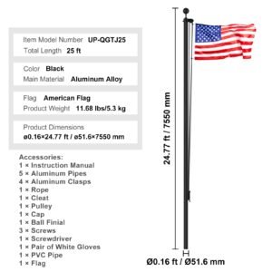 25ft sectional flag pole kit, heavy duty aluminum alloy in ground flag poles for outside, 3 display modes flagpole with 3x5 american flag, professional accessories, black