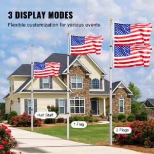 25ft telescoping flag pole kit, heavy duty aluminum alloy in ground flag poles for outside, 3 display modes flagpole with 3x5 american flag, professional accessories, silver
