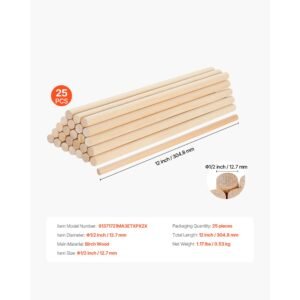 25pcs wooden dowel rods 1/2 x 12 inch natural birch wood sticks dowels, unfinished hardwood sticks for craft and diy projects, one piece cutting & smooth surface & easy to color and paint