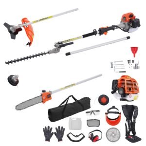 26CC 5-in-1 Multi-Functional Trimming Tools, Gas Hedge Trimmer, Weed Eater, String Trimmer, Edger, Pole Saw Chainsaw Pruner with Extension Pole