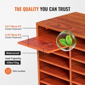 27 compartments wood literature organizer, adjustable shelves, medium density fiberboard mail center, office home school storage for files, documents, papers, magazines, brown