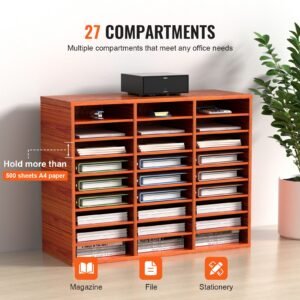 27 compartments wood literature organizer, adjustable shelves, medium density fiberboard mail center, office home school storage for files, documents, papers, magazines, brown