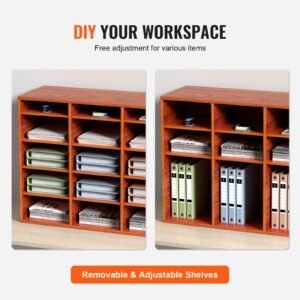 27 compartments wood literature organizer, adjustable shelves, medium density fiberboard mail center, office home school storage for files, documents, papers, magazines, brown