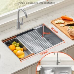27 inch kitchen sink workstation, 304 stainless steel undermount sink, drop in single bowl farmhouse basin with ledge & multiple accessories, household dishwasher sinks for rv, prep kitchen, bar