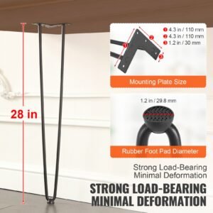 28" hairpin furniture legs, metal home diy projects for nightstand, coffee table, desk, 500lbs load capacity with rubber floor protectors, metal heavy duty sturdy modern table legs, 4pcs black