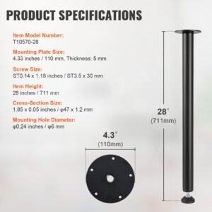 28 inch adjustable desk legs, reinforced steel office table furniture legs set of 4 for diy, 1200 lbs load capacity heavy duty desk legs, quick instalation legs with adjustable foot cup black