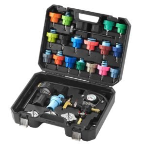 28 pcs universal radiator pressure tester kit, coolant pressure tester kit with manual pump and color coded test caps, coolant vacuum refill kit for cars motorcycles trucks cooling system
