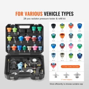 28 pcs universal radiator pressure tester kit, coolant pressure tester kit with manual pump and color coded test caps, coolant vacuum refill kit for cars motorcycles trucks cooling system