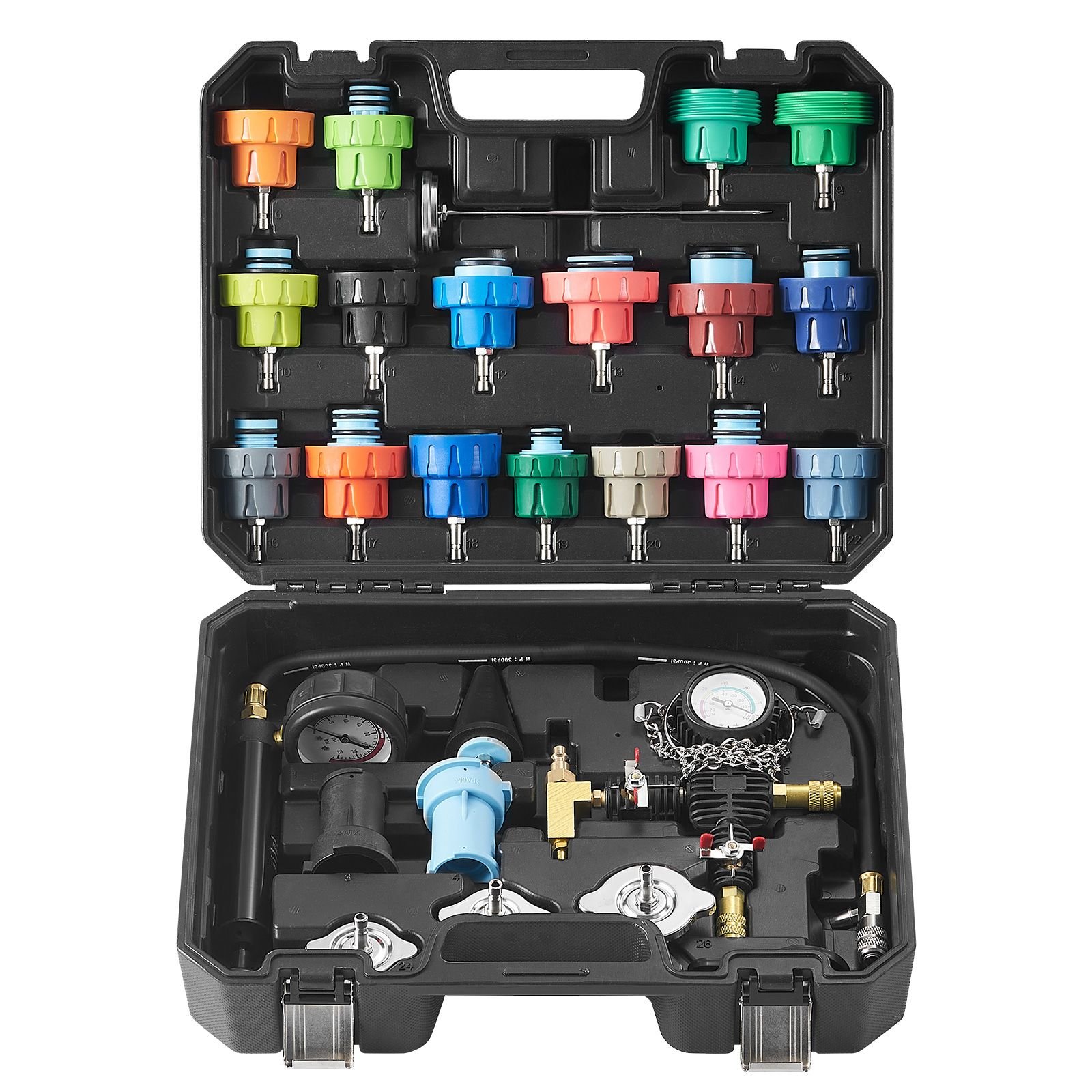 28 pcs universal radiator pressure tester kit, coolant pressure tester kit with manual pump and color coded test caps, coolant vacuum refill kit for cars motorcycles trucks cooling system