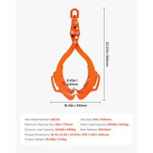 28in log lifting tongs, 4 claw log tongs, heavy duty steel log grapple, 2650lbs lifting capacity, swivel log graper timber, eagle claw design, log skidding tongs for trucks, tractors, forklifts