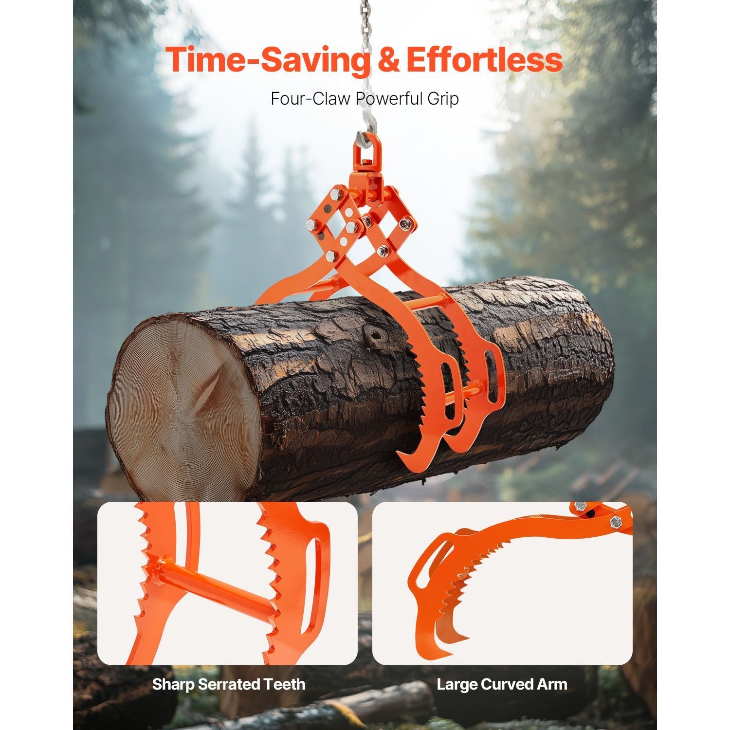 28in log lifting tongs, 4 claw log tongs, heavy duty steel log grapple, 2650lbs lifting capacity, swivel log graper timber, eagle claw design, log skidding tongs for trucks, tractors, forklifts