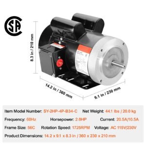 2hp electric motor 1725 rpm, ac 115v/230v, 56c frame, air compressor motor single phase, 5/8" keyed shaft, cw/ccw rotation for agricultural machinery and general equipment