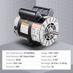 2hp spl air compressor electric motor, 115/230v, 20/10 amps, 56 frame 3450rpm, 5/8" keyed shaft, 1.88" shaft length, single phase, ccw/cw (factory setting is ccw)