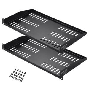 2PCS 1U Server Rack Shelf, 10"/254 mm Depth, 50 lbs Max Load Capacity Vented Cantilever or Wall Mount Rack Mount Shelf with Tray, Good Air Circulation for 19" Network Cabinet or Equipment Rack