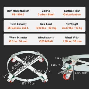 2pcs 55 gallon heavy duty drum dolly, 1000 lbs load capacity, barrel dolly cart drum caddy, non tipping hand truck capacity dollies with steel frame 4 swivel casters wheel, for drum handling