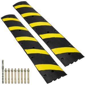 2PCs 6 ft/72'' Rubber Speed Hump, 2 Channel, 22000 lbs Capacity Heavy Duty Traffic Speed Bump, with High Reflective Yellow Strip 8 Expansion Screws and 1 Drill, for Asphalt Concrete Gravel Roads