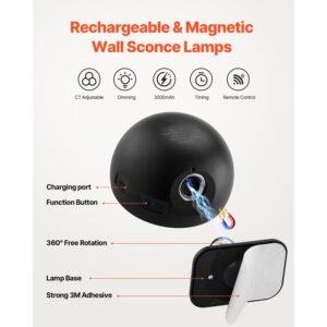 2pcs led wall sconces, rechargeable battery operated wall sconces lamps with remote control, 360° rotation dimmable wireless wall lights with adjustable color temps, brightness & 4 level timer