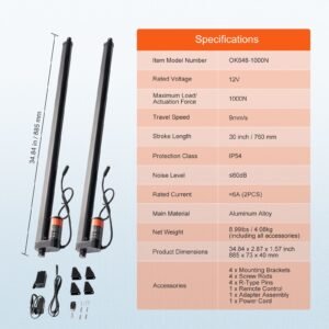 2pcs linear actuator kit, 30 inch high speed 0.35"/s linear motion actuator 12v, 220lbs/1000n linear actuator for tv/table/sofa lifting, ip54 protection wireless remote control included