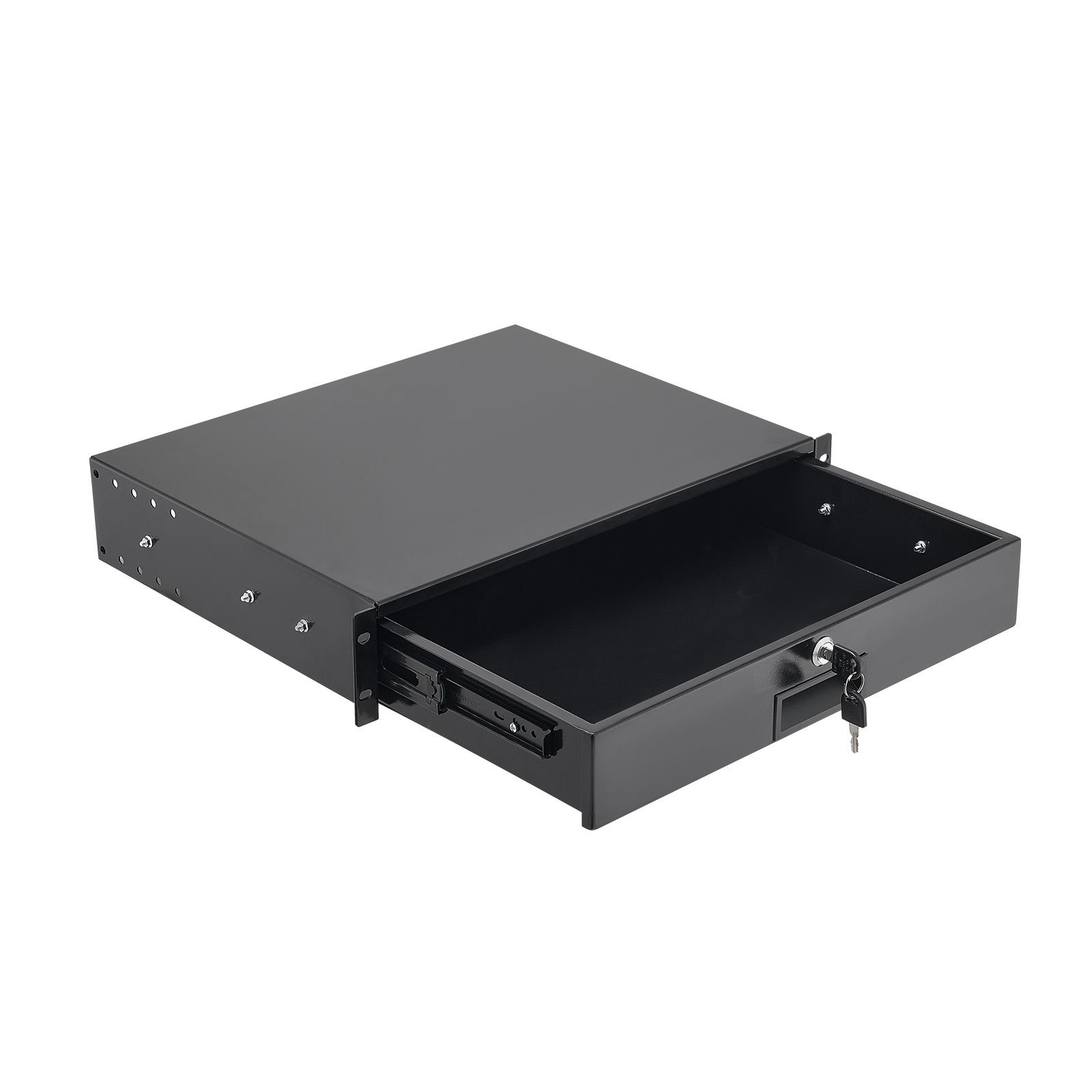 2u rack mount drawer, 50 lbs max load bearing, lockable server cabinet case, sliding drawer with lock and cable management holes, for 19 in network equipment server av rack or cabinet enclosure
