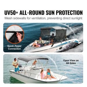 3 bow bimini top boat cover, detachable mesh sidewalls, 600d polyester canopy with 1" aluminum alloy frame, includes storage boot, 2 support poles, 2 straps, 6'l x 46"h x 61" 66"w, light grey