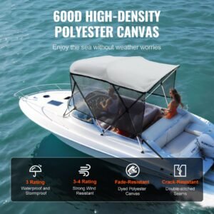3 bow bimini top boat cover, detachable mesh sidewalls, 600d polyester canopy with 1" aluminum alloy frame, includes storage boot, 2 support poles, 2 straps, 6'l x 46"h x 61" 66"w, light grey