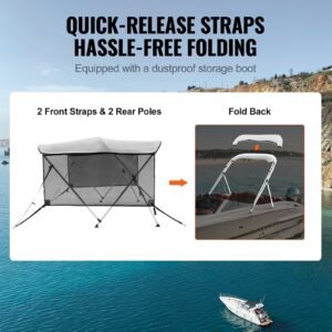 3 bow bimini top boat cover, detachable mesh sidewalls, 600d polyester canopy with 1" aluminum alloy frame, includes storage boot, 2 support poles, 2 straps, 6'l x 46"h x 61" 66"w, light grey