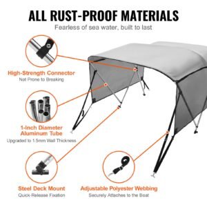 3 bow bimini top boat cover, detachable mesh sidewalls, 600d polyester canopy with 1" aluminum alloy frame, includes storage boot, 2 support poles, 2 straps, 6'l x 46"h x 61" 66"w, light grey