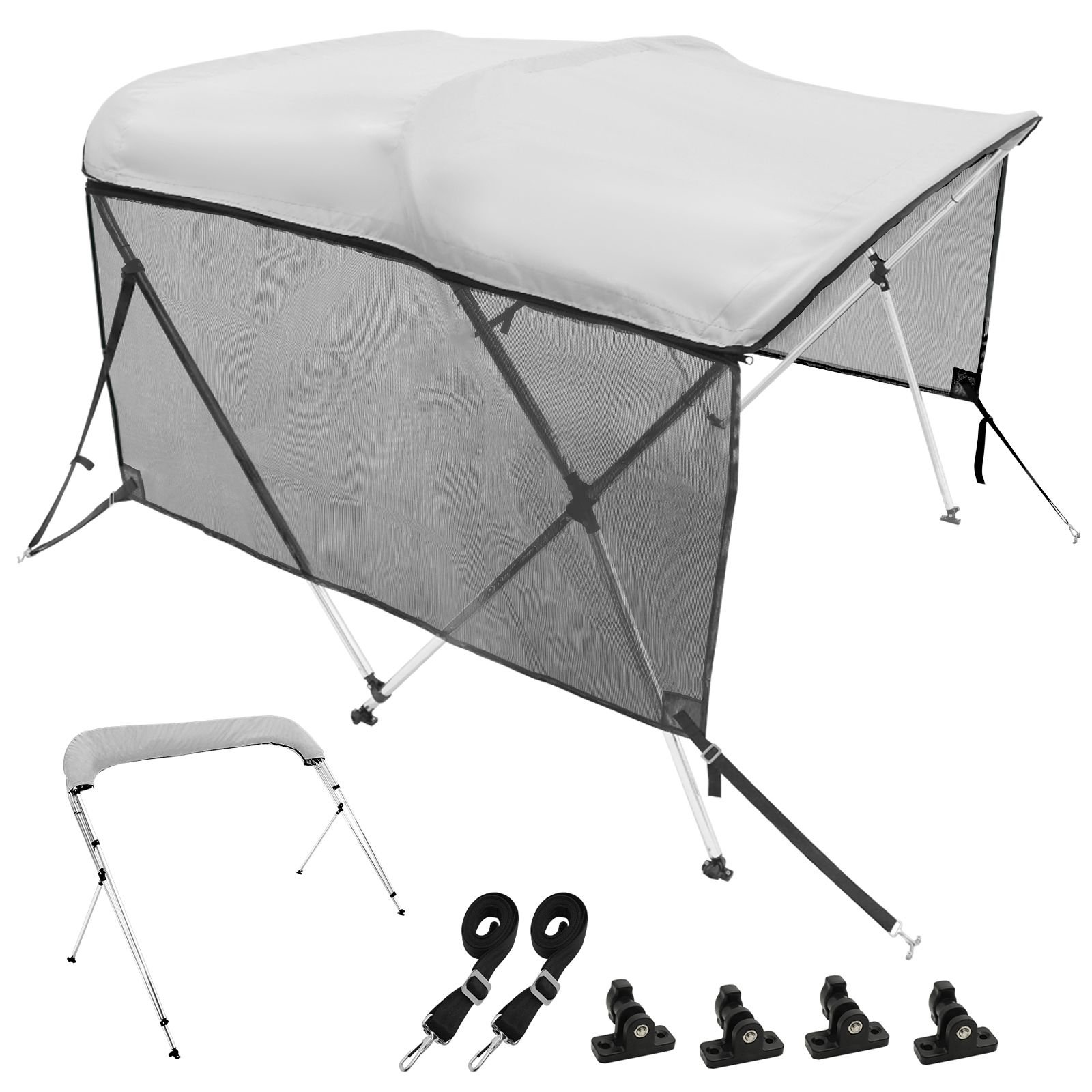 3 bow bimini top boat cover, detachable mesh sidewalls, 600d polyester canopy with 1" aluminum alloy frame, includes storage boot, 2 support poles, 2 straps, 6'l x 46"h x 61" 66"w, light grey