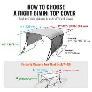 3 bow bimini top boat cover, detachable mesh sidewalls, 600d polyester canopy with 1" aluminum alloy frame, includes storage boot, 2 support poles, 2 straps, 6'l x 46"h x 67" 72"w, light grey