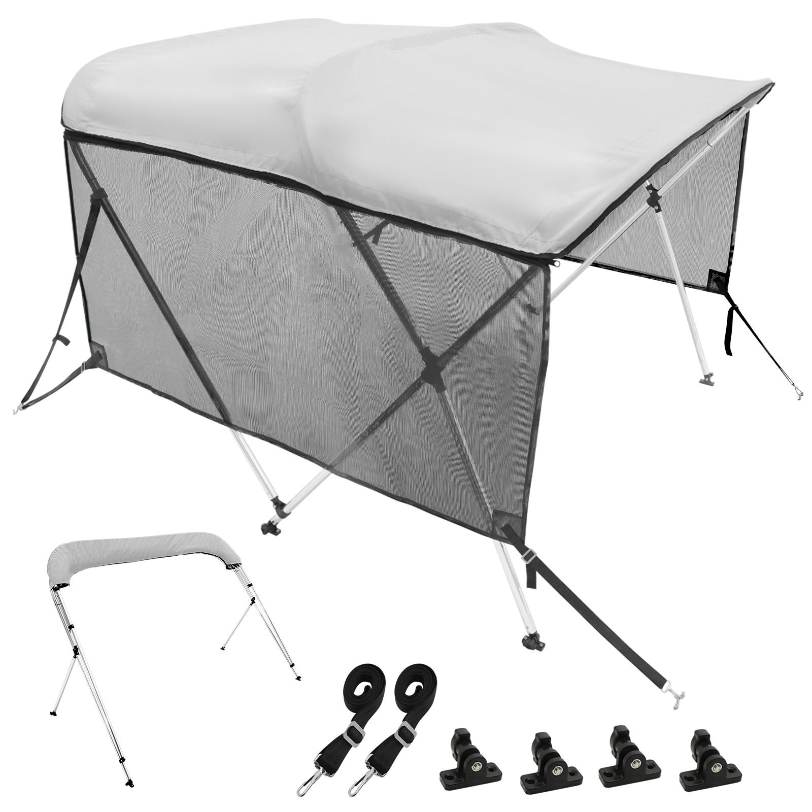 3 bow bimini top boat cover, detachable mesh sidewalls, 600d polyester canopy with 1" aluminum alloy frame, includes storage boot, 2 support poles, 2 straps, 6'l x 46"h x 67" 72"w, light grey