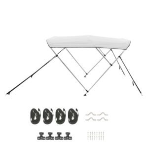 3 Bow Boat Bimini Tops, 600D Polyester Canopy with Aluminum Alloy Frame, Waterproof & Sun Shade Boat Awning Canopy with Storage Bag, 2 Support Poles, 4 Straps, 6'Lx(54"-60")Wx46"H, Light Grey
