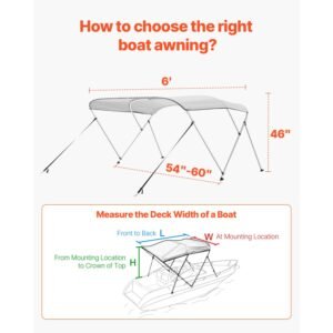 3 bow boat bimini tops, 600d polyester canopy with aluminum alloy frame, waterproof & sun shade boat awning canopy with storage bag, 2 support poles, 4 straps, 6'lx(54" 60")wx46"h, light grey