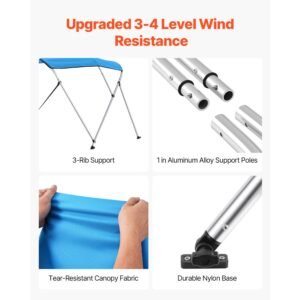 3 bow boat bimini tops, 600d polyester canopy with aluminum alloy frame, waterproof & sun shade boat awning canopy with storage bag, 2 support poles, 4 straps, 6'lx(54" 60")wx46"h, pacific blue