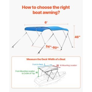 3 bow boat bimini tops, 600d polyester canopy with aluminum alloy frame, waterproof & sun shade boat awning canopy with storage bag, 2 support poles, 4 straps, 6'lx(54" 60")wx46"h, pacific blue