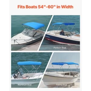 3 bow boat bimini tops, 600d polyester canopy with aluminum alloy frame, waterproof & sun shade boat awning canopy with storage bag, 2 support poles, 4 straps, 6'lx(54" 60")wx46"h, pacific blue