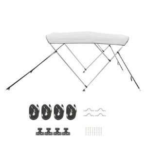 3 Bow Boat Bimini Tops, 600D Polyester Canopy with Aluminum Alloy Frame, Waterproof & Sun Shade Boat Awning Canopy with Storage Bag, 2 Support Poles, 4 Straps, 6'Lx(61"-66")Wx46"H, Light Grey
