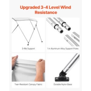 3 bow boat bimini tops, 600d polyester canopy with aluminum alloy frame, waterproof & sun shade boat awning canopy with storage bag, 2 support poles, 4 straps, 6'lx(67" 72")wx46"h, light grey