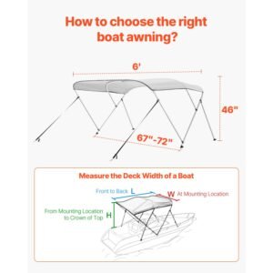 3 bow boat bimini tops, 600d polyester canopy with aluminum alloy frame, waterproof & sun shade boat awning canopy with storage bag, 2 support poles, 4 straps, 6'lx(67" 72")wx46"h, light grey