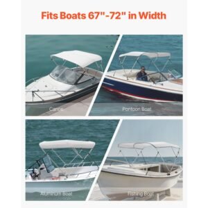 3 bow boat bimini tops, 600d polyester canopy with aluminum alloy frame, waterproof & sun shade boat awning canopy with storage bag, 2 support poles, 4 straps, 6'lx(67" 72")wx46"h, light grey
