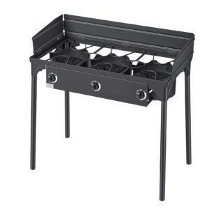 3 Burner Outdoor Propane Gas Stove, 225,000 BTU Propane LPG Gas Camping Stove, Heavy-duty Carbon Steel Outdoor Cooker, with Shield & Tall Stand & Regulator, for BBQ Camp Home Patio Backyard