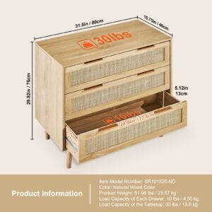 3 drawer rattan dresser, natural rattan closet dresser with 3 drawers, modern wood chest clothing organizer & storage boho dresser with sturdy handles & legs, for bedroom, living room & hallway
