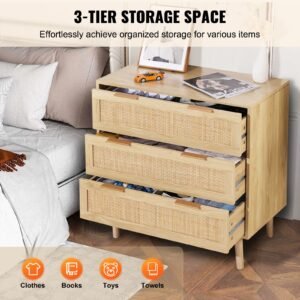 3 drawer rattan dresser, natural rattan closet dresser with 3 drawers, modern wood chest clothing organizer & storage boho dresser with sturdy handles & legs, for bedroom, living room & hallway